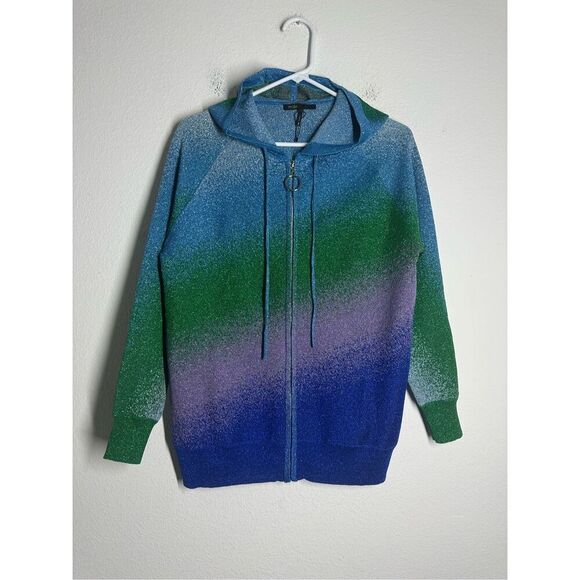 Maje Metallic Multicolor Full Zip Hooded Sweater Blue Purple Green SIZE S/M - Picture 2 of 14